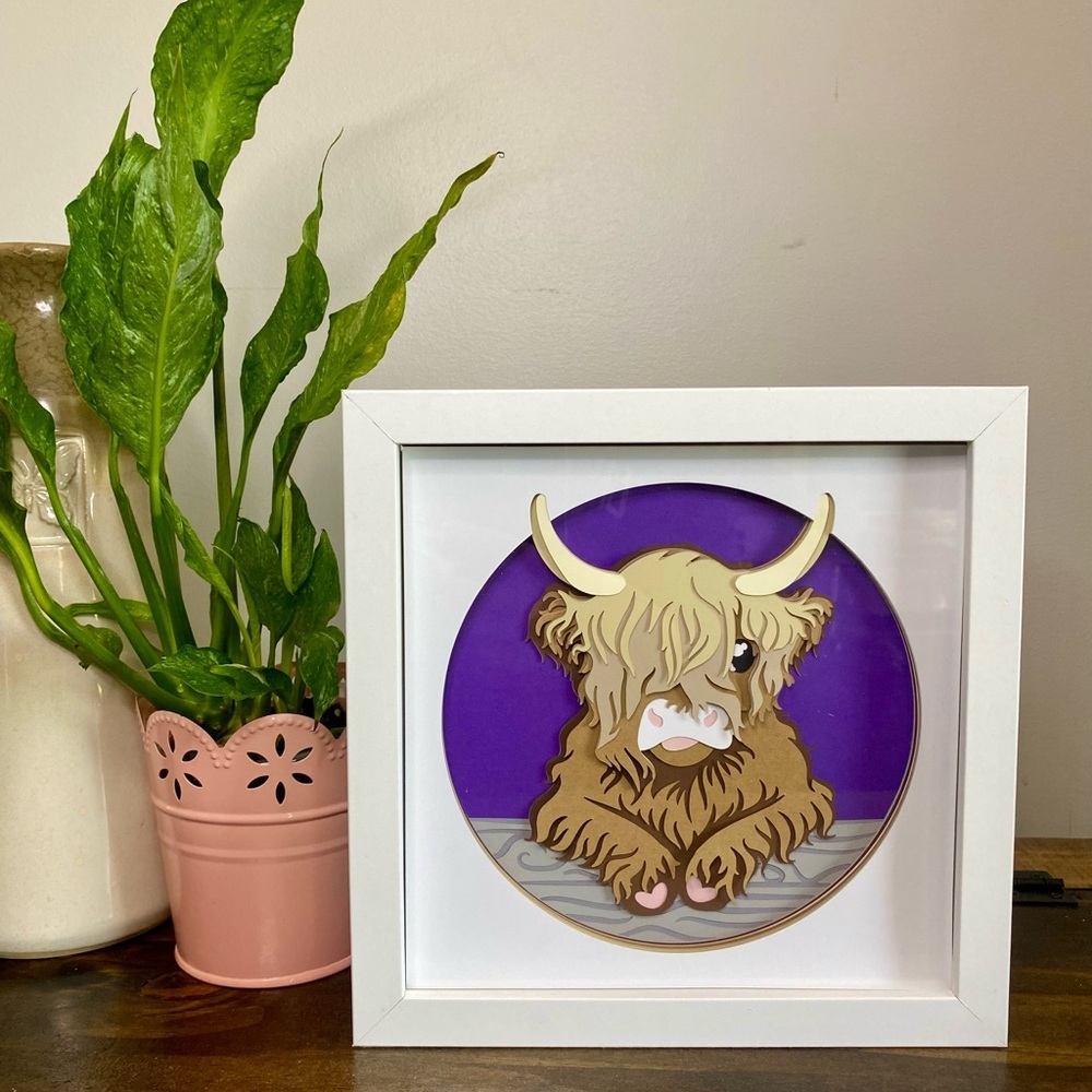 3D Purple Highland Cow On Log Shadowbox